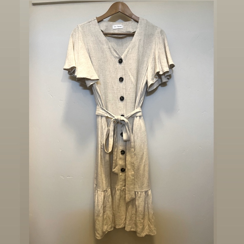 Tweed Cream Colored Button Up Dress with Belt Loop Tie Waist